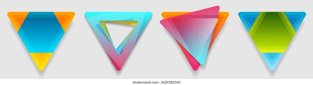 Set of four colorful abstract geometric triangles stickers with layered gradients in bright hues, perfect for design, labels, and modern branding projects. Vector illustration design