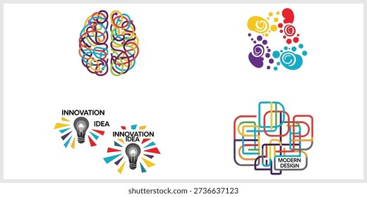 A set of four colorful abstract graphic illustrations featuring a tangled brain, a swirling pattern, two lightbulbs with 