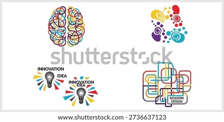 A set of four colorful abstract graphic illustrations featuring a tangled brain, a swirling pattern, two lightbulbs with 
