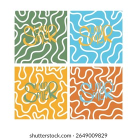 Set of four colorful abstract summer backgrounds with handwritten “Summer” text and white wavy doodle lines in green, blue, orange, and yellow. Bright, playful seasonal design.