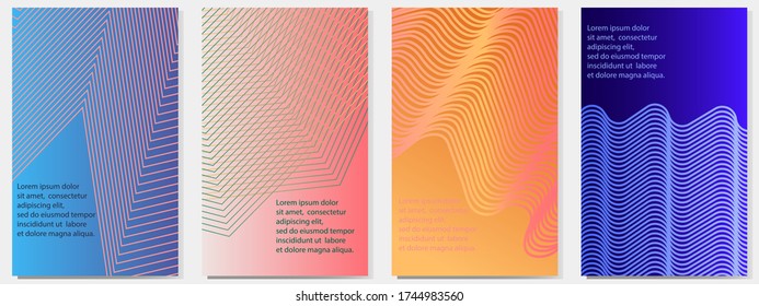 Un conjunto de cuatro coloridos orígenes. Ornamento geométrico en un campo de gradiente de color. Diseño de rayas vectoriales. Ejemplo de diseño de un afiche, postal, tarjeta de visita, banner, folletos, portadas.