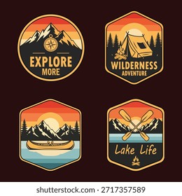 Set of four colorful badges featuring outdoor adventure themes including camping tent mountain peaks canoe and paddle on a black background with orange yellow and red sunset colors