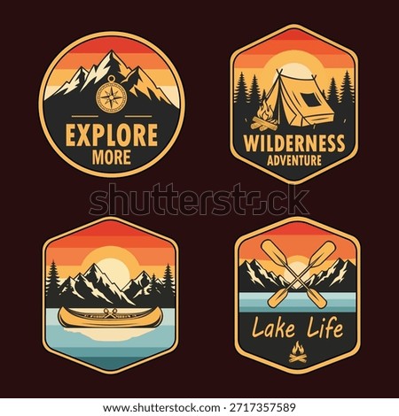 Set of four colorful badges featuring outdoor adventure themes including camping tent mountain peaks canoe and paddle on a black background with orange yellow and red sunset colors