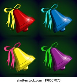 Set of four colorful bells with ribbons.