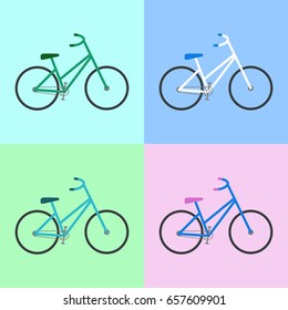 A set of four colorful bicycles isolated on backgrounds with different colors: light blue, blue, green and pink. Vector illustration. 