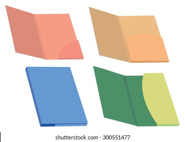 Set of four colorful blank file folder and presentation folders vector illustration isolated on white background.