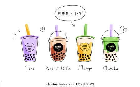 Set of four colorful bubble tea cups. Variety of flavours. Cute vector illustration of boba tea, sweet Asian drink, in cartoon style with speech bubble above. Flat design. 