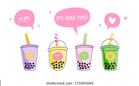 Set of four colorful bubble tea cups. Cute vector illustration of boba tea, sweet Asian drink, in cartoon style with speech bubble above. Flat design.