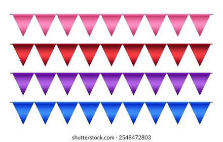 Set von vier bunten bunte Banner. Die Vectorverbundfunktion rosa, rot, lila und blau dreieckige Fahnen, perfekt für ein festliches Gefühl zu Ihren Projekten. Für Einladungen, Poster, Websites