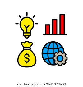 Set of four colorful business icons including a light bulb, bar chart, money bag, and globe with gear. Represents idea generation, financial success, analytics, and global technology.