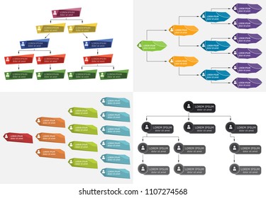 Set of four colorful business structure concept, corporate organization chart scheme with people icons. Vector illustration.
