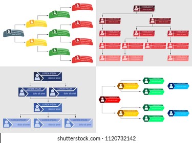 Set of four colorful business structure concept, corporate organization chart scheme with people icons. Vector illustration.
