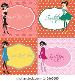 Set of four colorful cards with cute fashion girls
