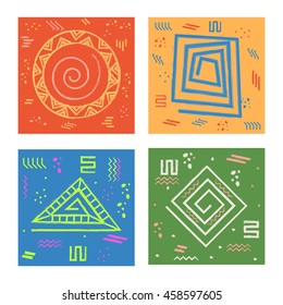Set of four colorful cards with different creative geometric abstract patterns, Creative hand drawn vector illustration.