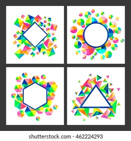 Conjunto de cuatro tarjetas coloridas con diferentes patrones geométricos abstractos y espacio para el texto.
