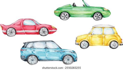 Set of four colorful cars; watercolor hand draw illustration; with white isolated background