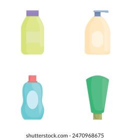 Set of four colorful cartoon bottles for soap and cleaners, isolated on white