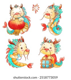 A set of four colorful cartoon Chinese dragons in various playful poses with traditional elements. Perfect for cultural and festive projects.