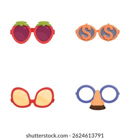 Set of four colorful cartoon glasses with playful designs, isolated on white background
