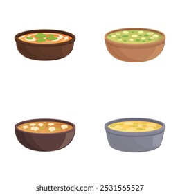 Set of four colorful cartoon soup bowls with different varieties and toppings