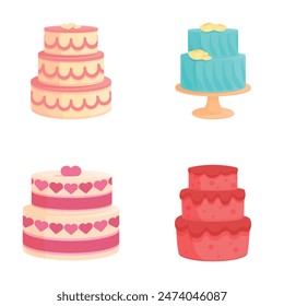 Set of four colorful cartoonstyle celebration cakes, perfect for festive design elements