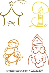 Set of four colorful christian christmas symbols including: Nativity scene, candle, baby Jesus and family, St. Nicholas (vector)