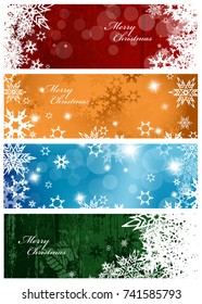 Set of four colorful Christmas background banners with snowflakes and simple Merry Christmas text - horizontal version