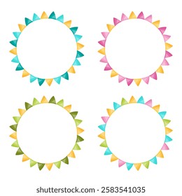 Set of four colorful circle frames with geometric patterns. Perfect for party invitations, labels, and other decorative designs. Children theme. Vector illustration. 