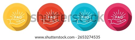 Set of four colorful circular faq icons with a hand and radiating lines isolated on transparent background