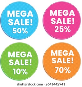 A set of four colorful circular Mega Sale badges, featuring varying percentage discounts 50%, 25%, 10%, 70%