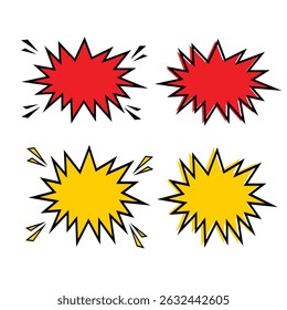 Set of Four Colorful Comic Book Explosion Effects in Red and Yellow with Black Outlines - Dynamic Pop Art Style Clipart on White Background