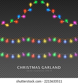 Set of four colorful corner and seamless Christmas garland lights. 3d glowing bulbs on silver and golden wire for decoration. Realistic festive Xmas Garlands string isolated on transparent background.