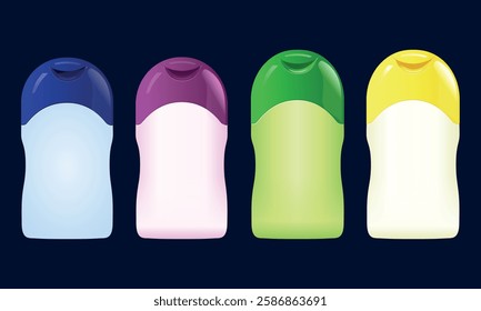 Set of Four Colorful Cosmetic Bottles with Minimalist Design for Skincare and Hygiene Products