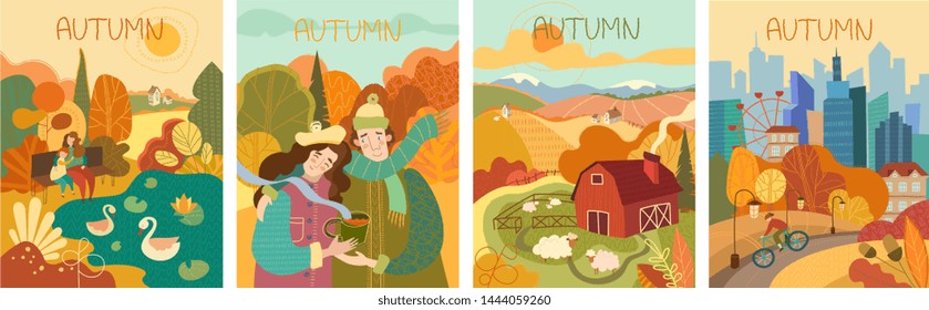 Set of four colorful depictions of autumn life with a young mother and daughter watching swans on a lake, man cycling through a city park, happy couple walking in a park and a flock of sheep on a farm