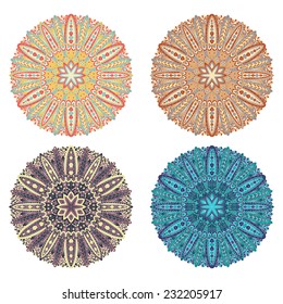 Set of four colorful designs - mandalas. Circular ethnic patterns.