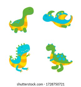 Set of four colorful dinosaurs on white background. Vector illustration in cute flat style