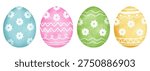 Set of four colorful Easter eggs featuring delicate white floral patterns combined with geometric stripes and zigzags. Vibrant pastel watercolor-style egg collection in blue, pink, green, and yellow, isolated on white background. Perfect for spring holiday greeting cards, festive party decor, and nursery graphic design.