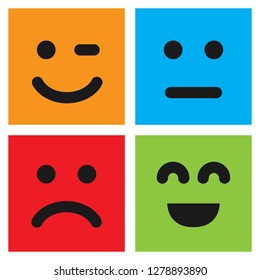 Set of four colorful emoticons with smiley, winking and dissatisfied faces . Emoji icon in square. Flat background pattern. Vector illustration