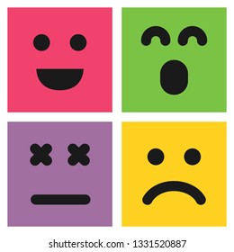 Set of four colorful emoticons, surprised  and dissatisfied faces. Emoji icon in square. Flat background pattern. Vector illustration