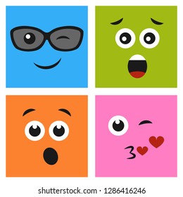 Set of four colorful emoticons with winking face with a kisses and glasses, surprised face with open mouth and scared faces. Emoji icon in square. Flat background pattern. Vector illustration