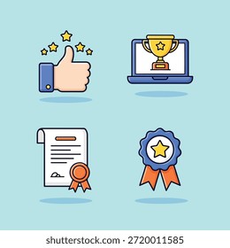 Set of four colorful flat design icons: a thumbs-up, a laptop with a trophy, a certificate, and a star medal.
