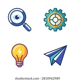 A set of four colorful flat design icons including a magnifying glass gear lightbulb and paper airplane on white background