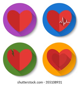 Set of four colorful flat heart icons with long shadows. Double hearts, broken heart, heartbeat. Valentine Day icons. Vector illustration.