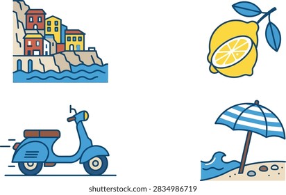 A set of four colorful flat vector illustrations representing Italian summer vacation themes including a coastal village, a lemon, a scooter, and a beach umbrella.
