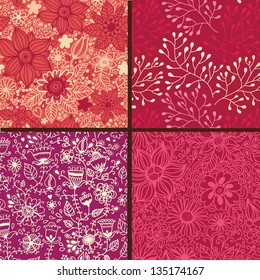 Set of four colorful floral patterns .Seamless pattern can be used for wallpaper, pattern fills, web page background,surface textures. Floral seamless backgrounds .