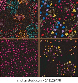 Set of four colorful floral patterns .Seamless pattern can be used for wallpaper, pattern fills, web page background,surface textures. Floral seamless backgrounds.
