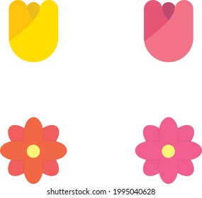 Set of  four colorful flowers, including 2 tulips. Flowers are pink and yellow, simplistic style, flat design. 