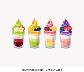 Set of four colorful fruit yogurt parfaits with swirls of soft serve ice cream and fresh fruit toppings.