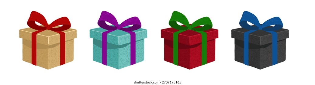  Set of four colorful gift boxes with ribbons, isolated vector illustration