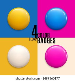 Set of four colorful glossy badges or buttons. Can be used as volunteer label, emblem, round plastic pin. 3d render. Vector.